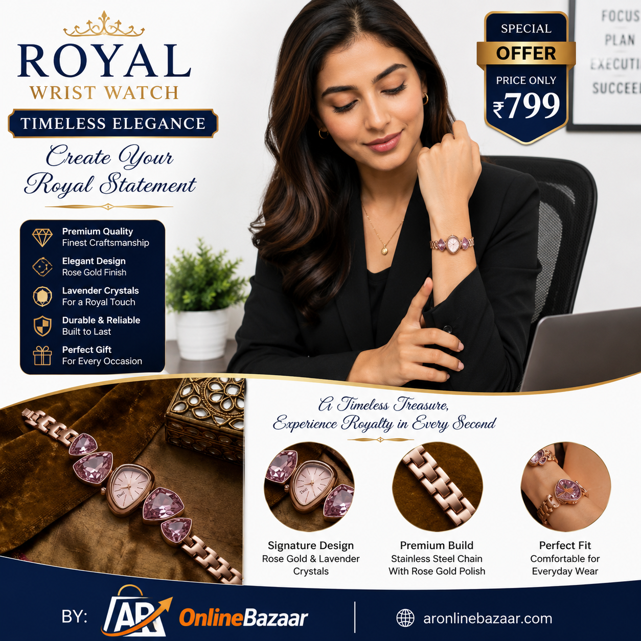 Royal Rose Gold Crystal Women's Wrist Watch
